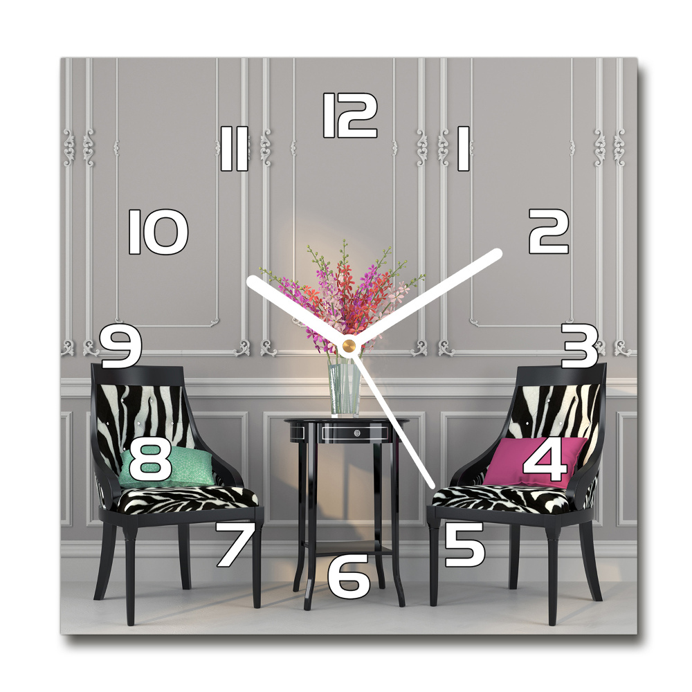 Horloge carrée en verre Deux chaises