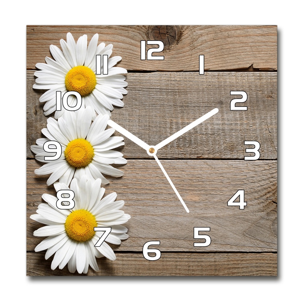 Horloge carrée en verre Marguerites en bois