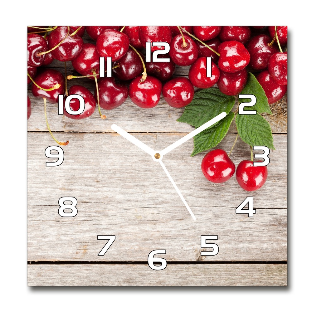 Horloge carrée en verre Cerises sur bois