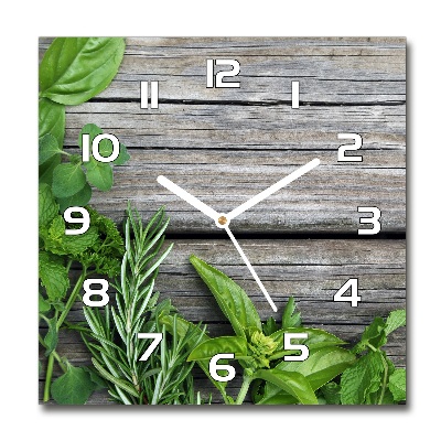 Horloge carrée en verre Fond en bois herbes