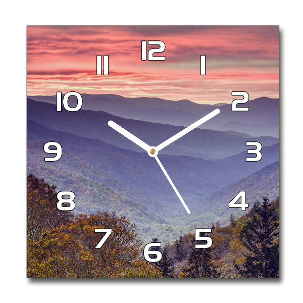 Horloge carrée en verre Coucher de soleil en montagne