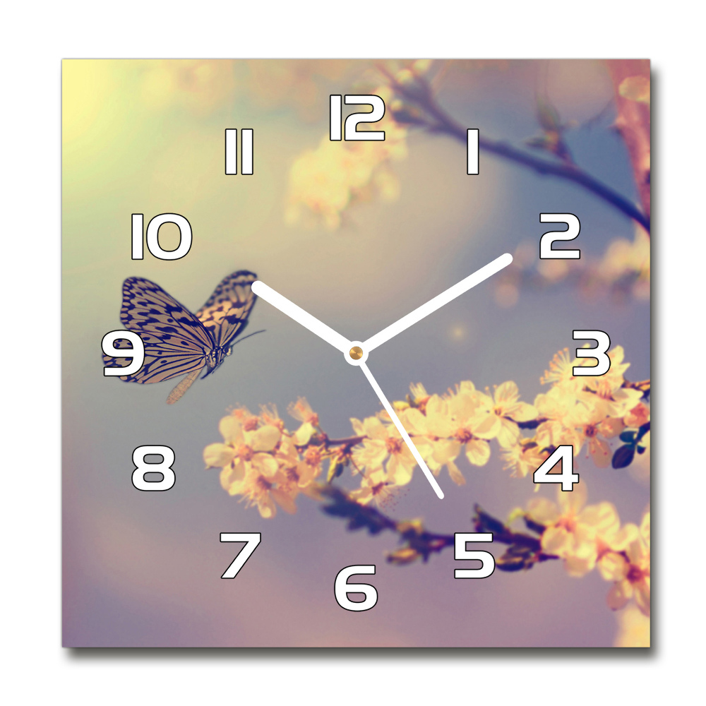 Horloge carrée en verre Fleur de cerisier et papillon