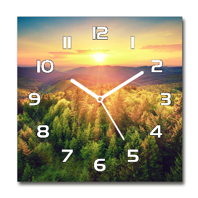 Horloge carrée en verre Coucher de soleil en forêt