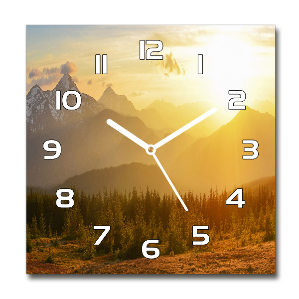 Horloge carrée en verre Coucher de soleil en montagne