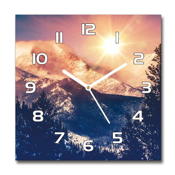 Horloge carrée en verre Soleil sur les montagnes
