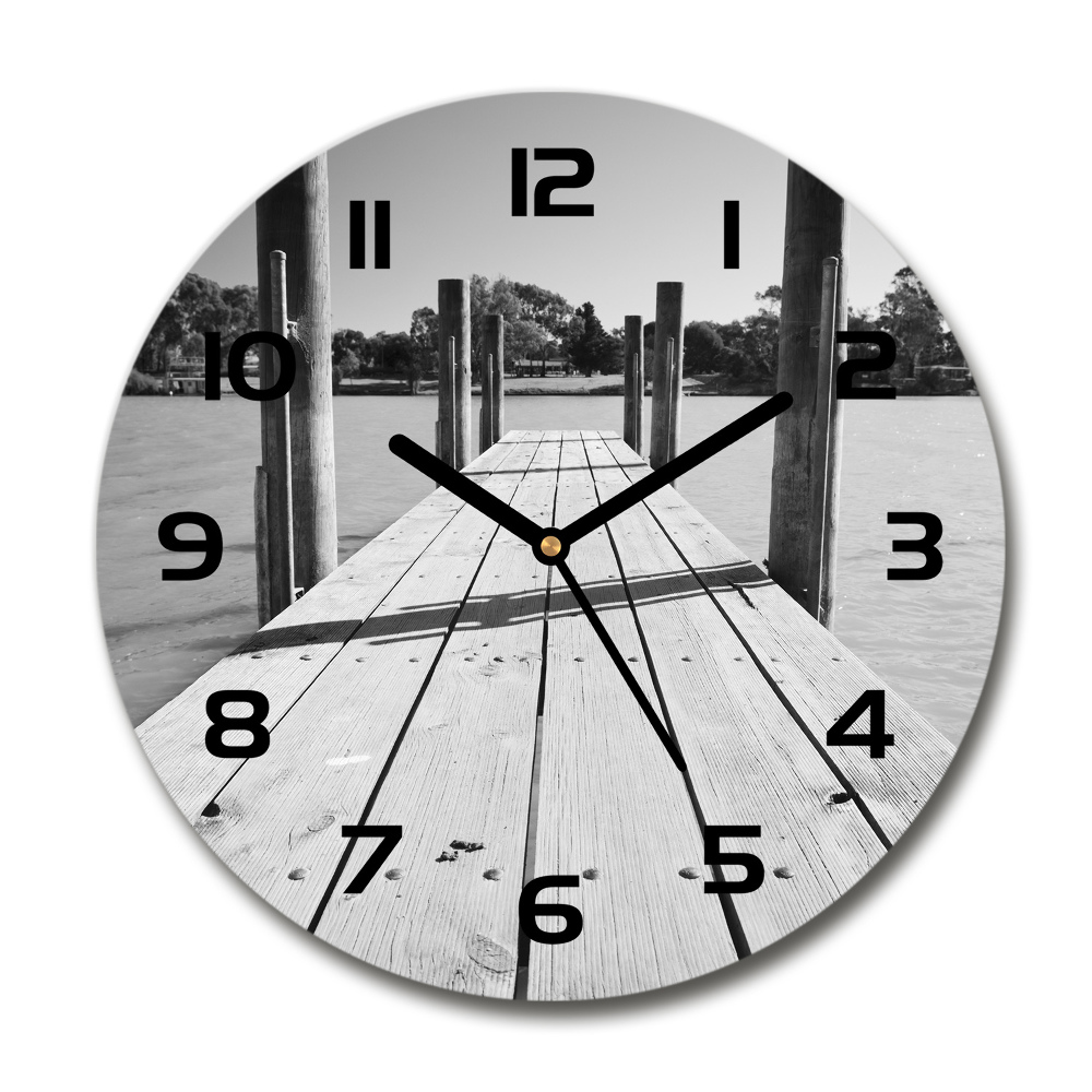 Horloge en verre ronde Jetée en bois noir et blanc