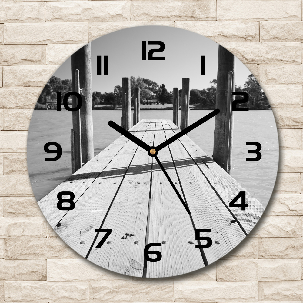 Horloge en verre ronde Jetée en bois noir et blanc