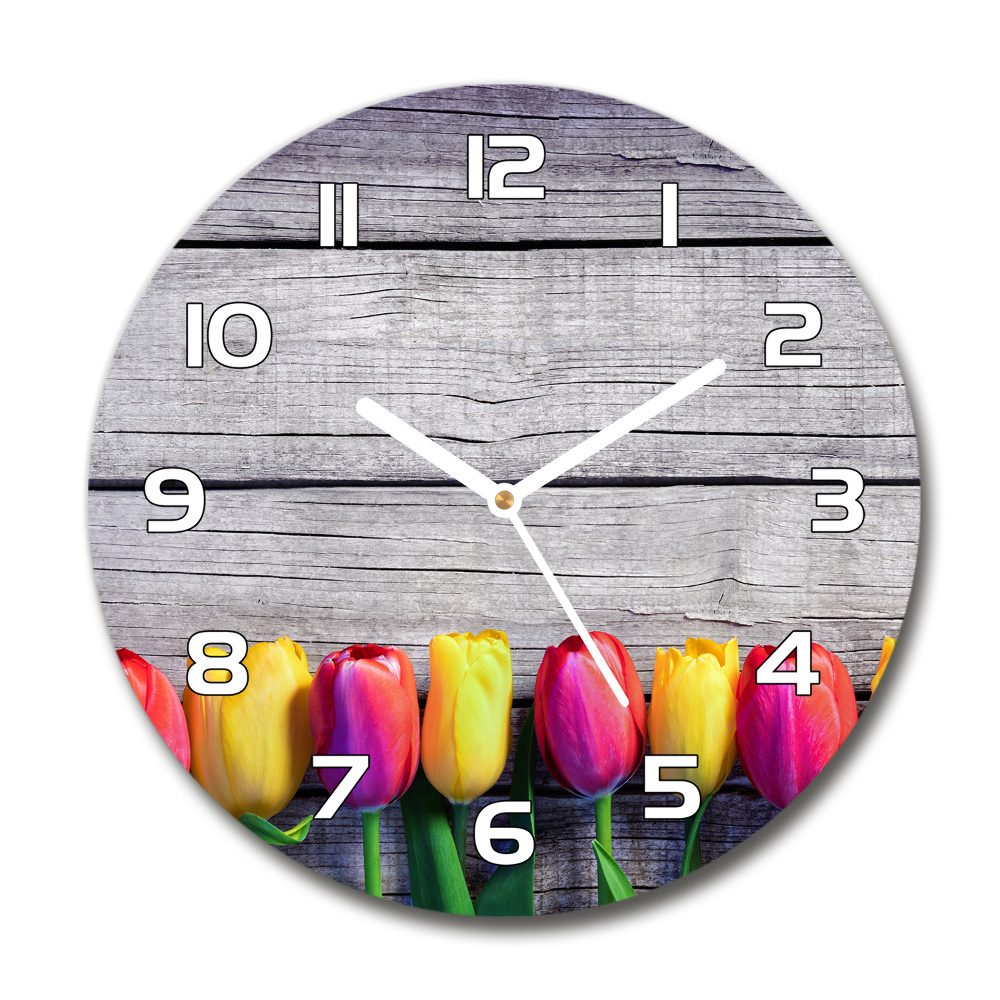 Pendule murale ronde Tulipes sur bois