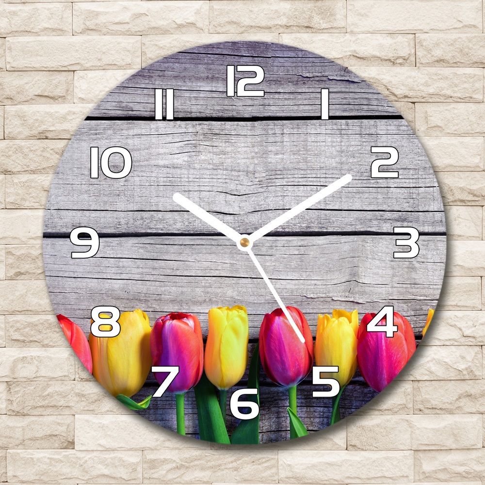 Pendule murale ronde Tulipes sur bois