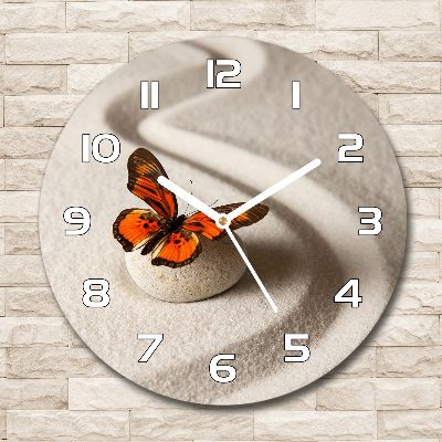 Horloge ronde murale Pierre zen et papillon