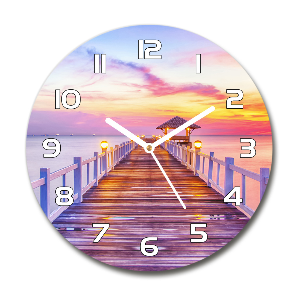 Horloge en verre ronde Jetée en bois coucher de soleil