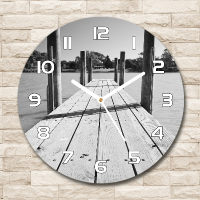 Horloge en verre ronde Jetée en bois noir et blanc