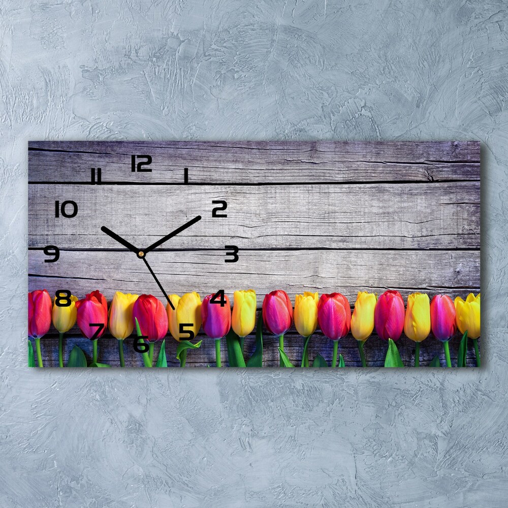 Horloge horizontale en verre Tulipes sur bois