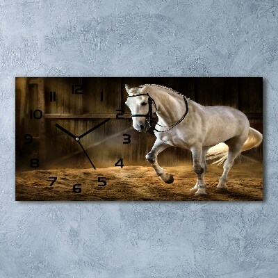 Horloge murale horizontale Cheval blanc dans une écurie
