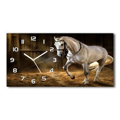 Horloge murale horizontale Cheval blanc dans une écurie