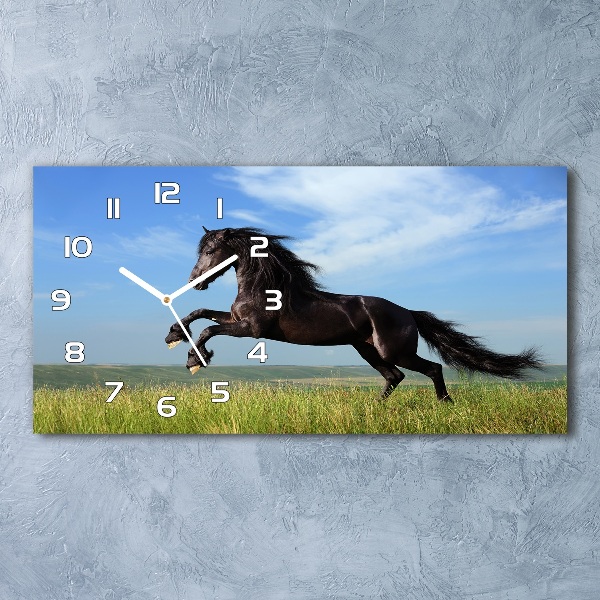 Horloge rectangulaire horizontale Cheval noir dans un pré
