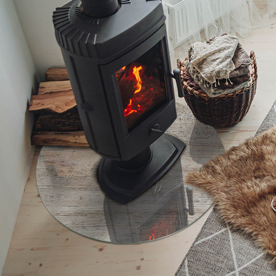 Plaque verre ronde sous poêle Motif bois clair naturel