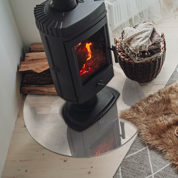 Plaque ronde en verre pour poêle motif organique en marbre