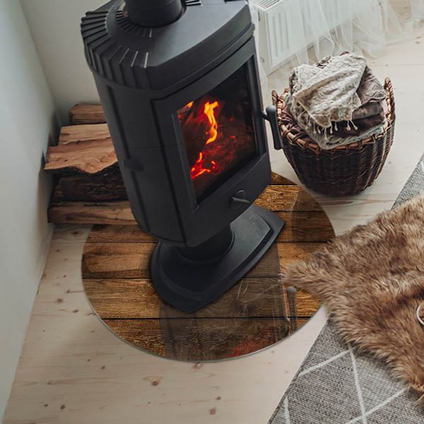 Plaque verre ronde sous poêle grain de bois naturel