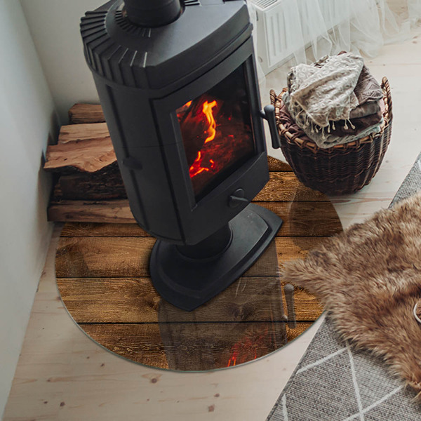 Plaque verre ronde sous poêle grain de bois naturel