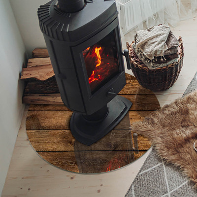 Plaque verre ronde sous poêle grain de bois naturel