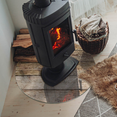 Plaque de sol ronde en verre cheminée Grain de bois dans un style naturel