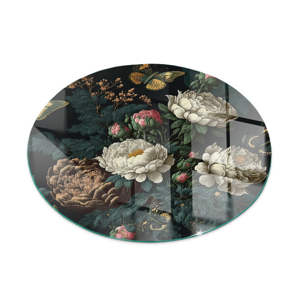 Plaque ronde en verre pour poêle Motif floral avec des papillons