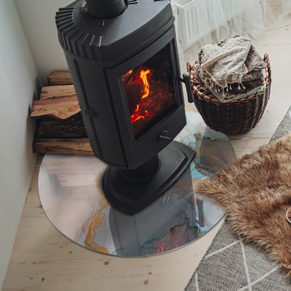 Plaque verre ronde sous poêle motif abstrait fluide