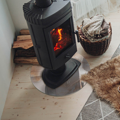 Plaque de sol ronde en verre cheminée motif organique en pierre