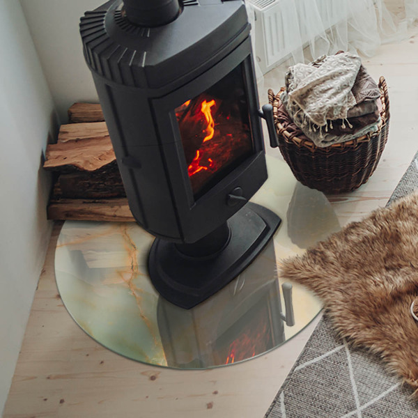 Plaque ronde en verre pour poêle motif abstrait en marbre