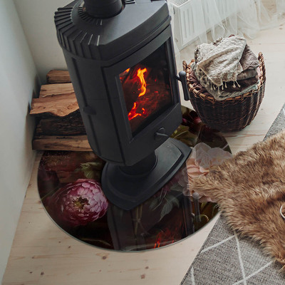 Plaque verre ronde sous poêle Détails floraux en pleine floraison