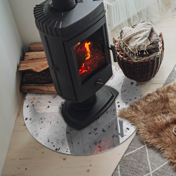 Plaque verre ronde sous poêle Motif pierre avec de petits accents