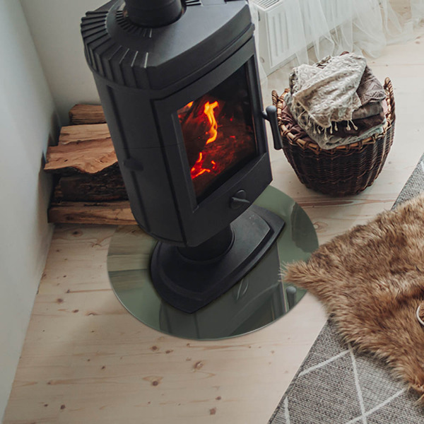 Plaque ronde en verre pour poêle couleur olive