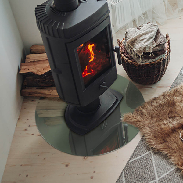 Plaque ronde en verre pour poêle couleur olive