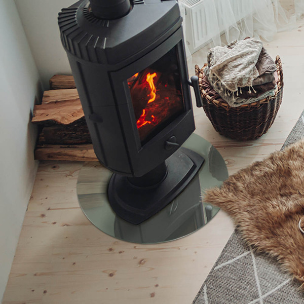 Plaque ronde en verre pour poêle couleur gris-vert