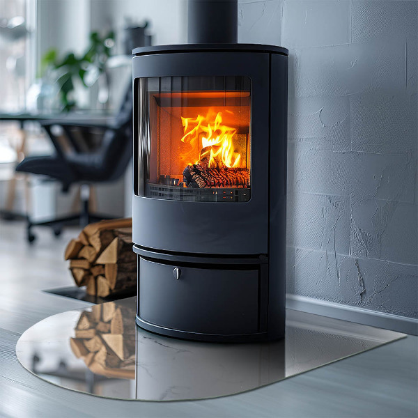 Plaque demi-ovale en verre pour poêle Motif marbré aux veines délicates