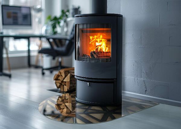Plaque verre demi-ronde cheminée Des formes modernes avec une touche de bois