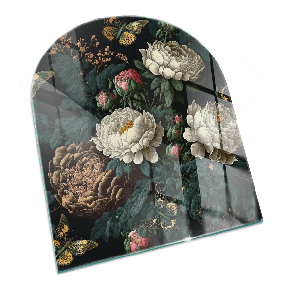 Plaque demi-ovale en verre pour poêle Motif floral avec des papillons