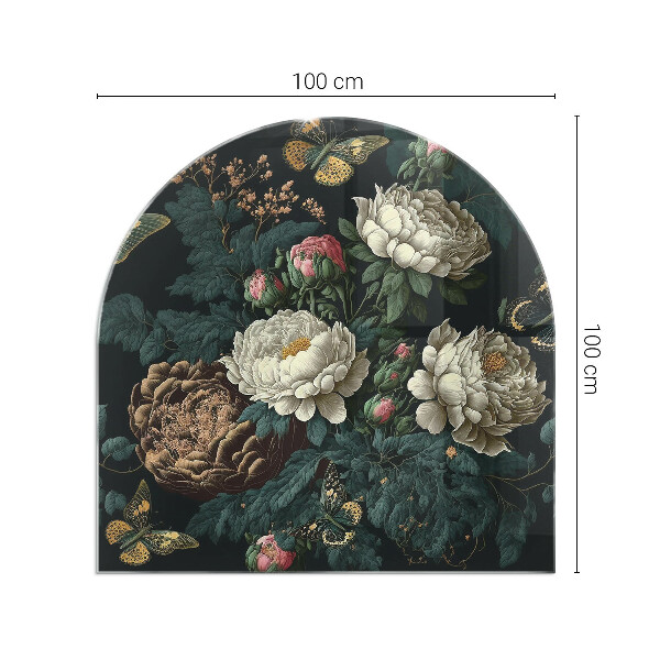 Plaque demi-ovale en verre pour poêle Motif floral avec des papillons