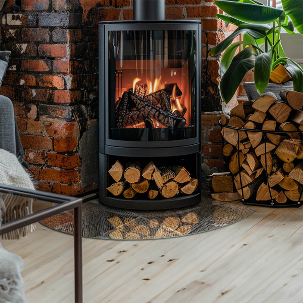 Plaque d’angle en verre pour poêle Motif en acier perforé