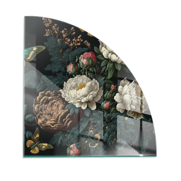 Plaque d’angle en verre pour poêle Motif floral avec des papillons
