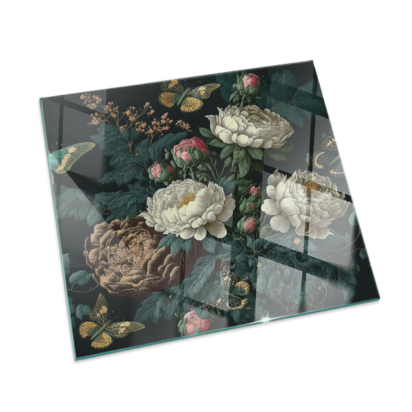 Plaque rectangulaire en verre pour poêle Motif floral avec des papillons