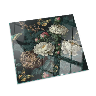 Plaque rectangulaire en verre pour poêle Motif floral avec des papillons
