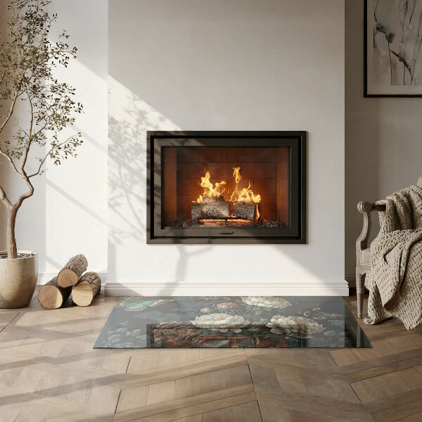 Plaque rectangulaire en verre pour poêle Motif floral avec des papillons