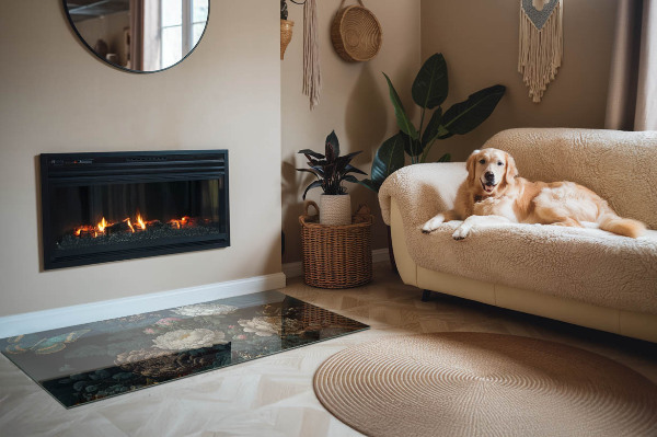 Plaque rectangulaire en verre pour poêle Motif floral avec des papillons
