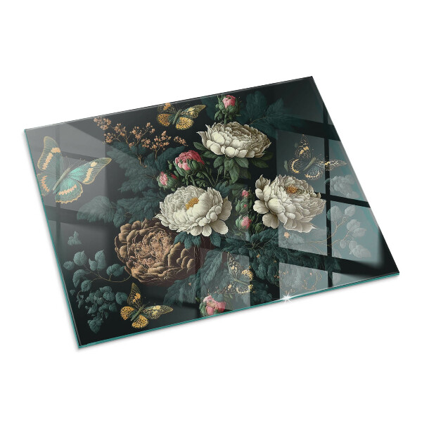 Plaque rectangulaire en verre pour poêle Motif floral avec des papillons