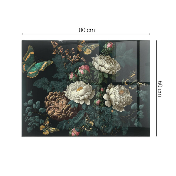 Plaque rectangulaire en verre pour poêle Motif floral avec des papillons