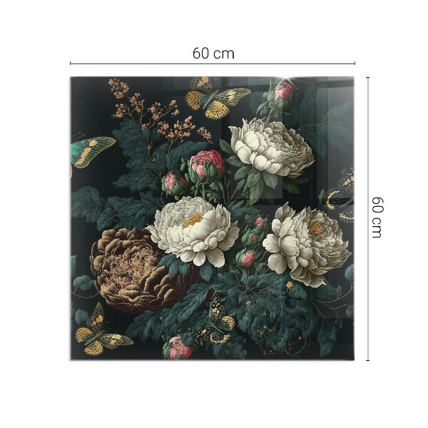 Plaque rectangulaire en verre pour poêle Motif floral avec des papillons