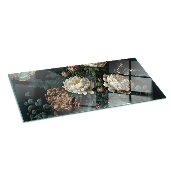 Plaque rectangulaire en verre pour poêle Motif floral avec des papillons