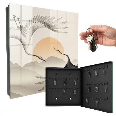 Armoire à clés murale Grues japonaises sur fond de soleil levant